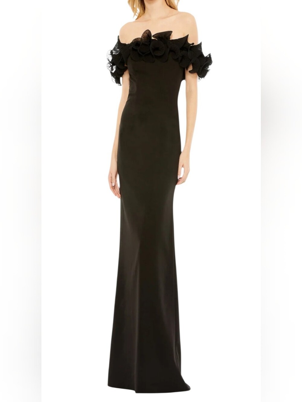 Mac Duggal 49643 Off-Shoulder Ruffle Crepe Evening Gown Black Size 10 NWT